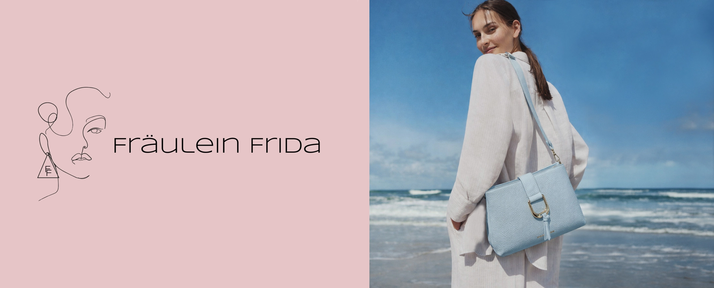Fräulein Frida Logo & eine Frau mit einer Fräulein Frida Handtasche
