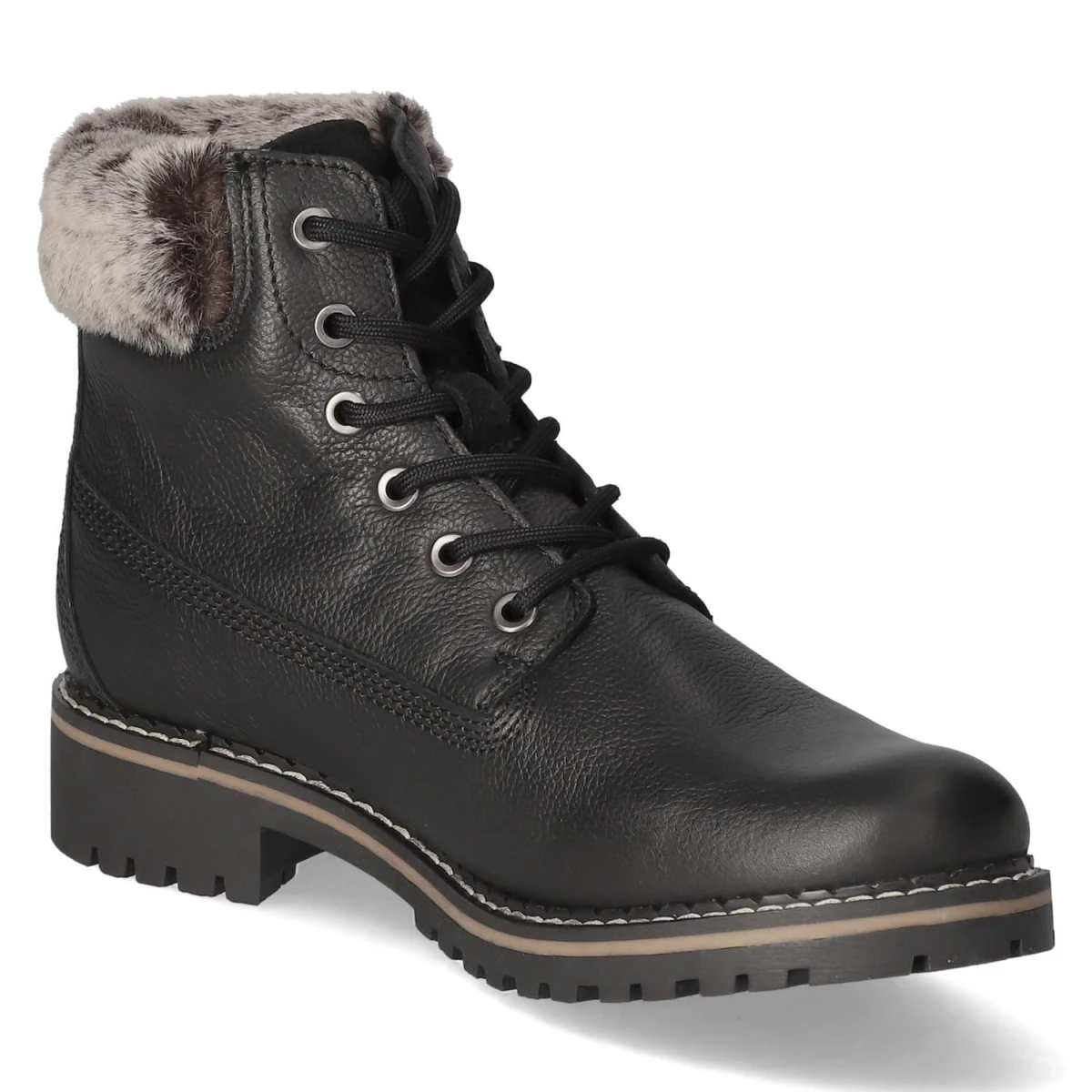 Schnürstiefeletten - BLACK LEATHER/FUR